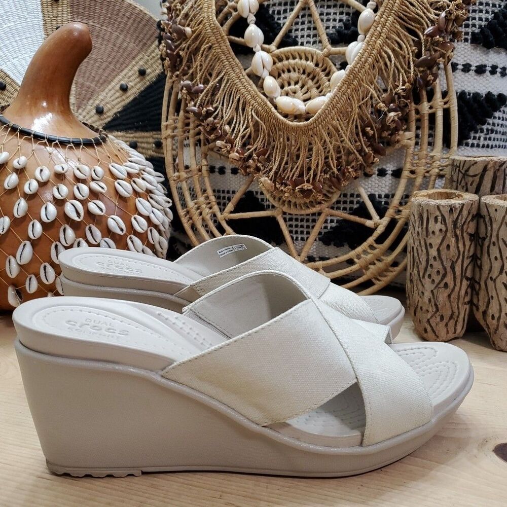 Crocs Womens 11 Dual Comfort Slide Sandals Canvas Strappy Bone/Natural Wedge